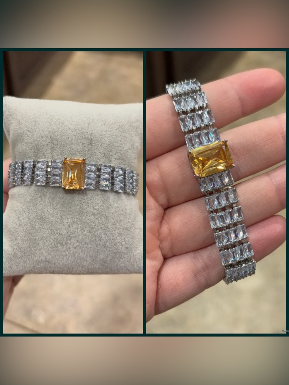 Yellow Center Stone Silver-Tone Baguette Bracelet